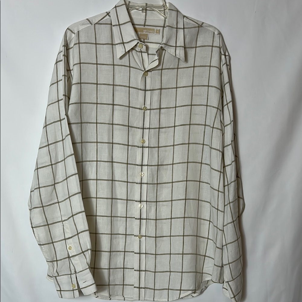 Michael Kors Men's Size Large 100% Linen Button Front White Tan Striped Shirt